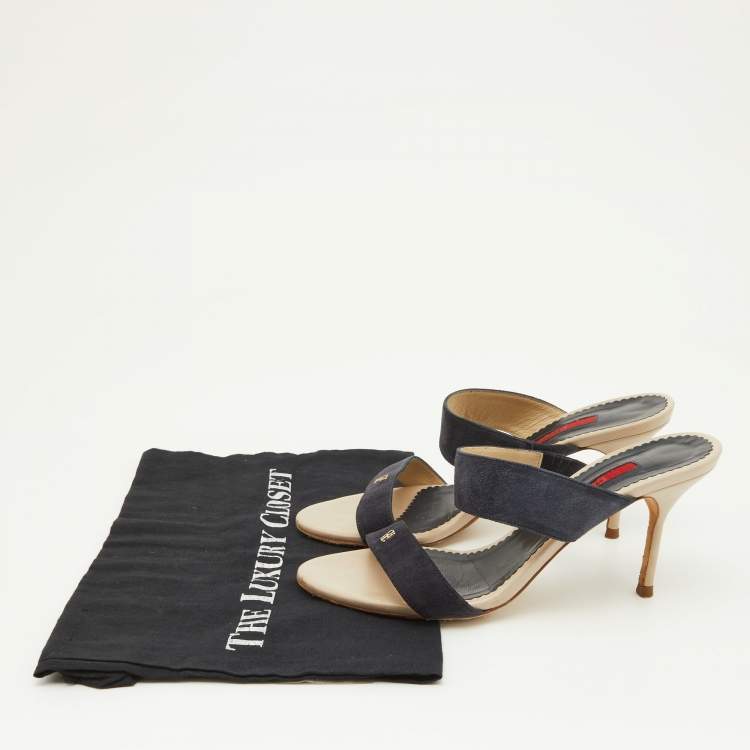 Pre Owned CH Carolina Herrera Navy Blue Suede Slide Sandals Size 38