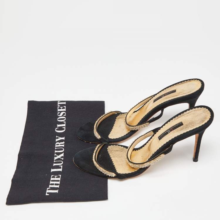 Pre Owned CH Carolina Herrera Black Suede Crystals Embellished Slide Sandals Size 38