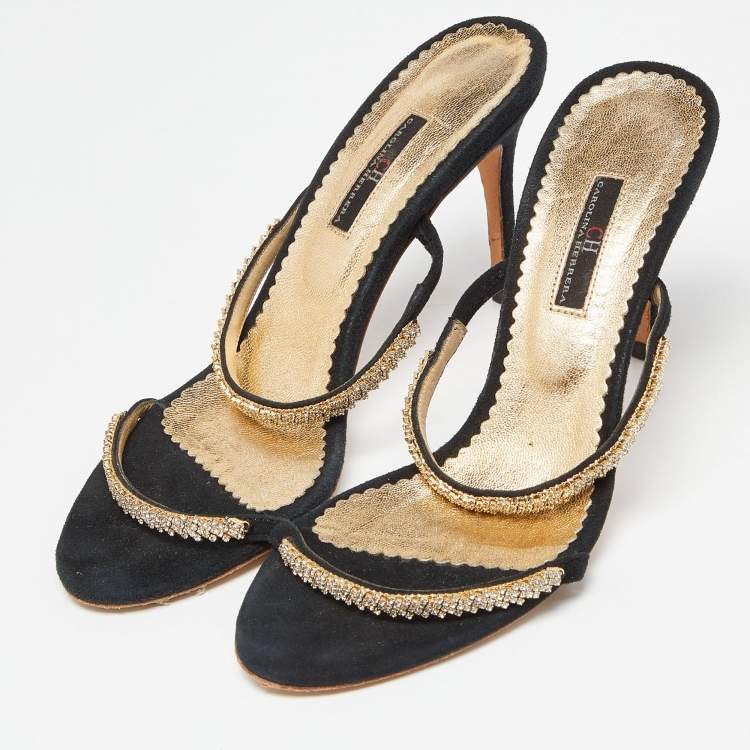 Pre Owned CH Carolina Herrera Black Suede Crystals Embellished Slide Sandals Size 38
