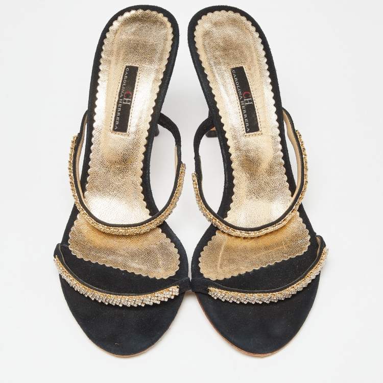 Pre Owned CH Carolina Herrera Black Suede Crystals Embellished Slide Sandals Size 38