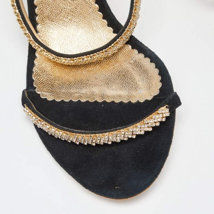 Pre Owned CH Carolina Herrera Black Suede Crystals Embellished Slide Sandals Size 38