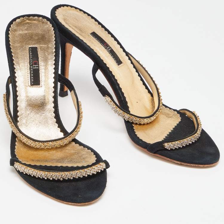 Pre Owned CH Carolina Herrera Black Suede Crystals Embellished Slide Sandals Size 38