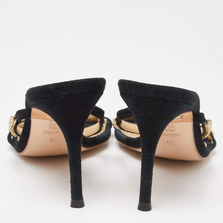 Pre Owned CH Carolina Herrera Black Suede Crystals Embellished Slide Sandals Size 38