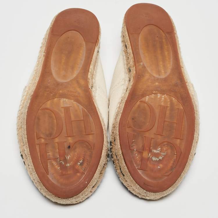 Pre Owned Carolina Herrera Off White/Black Canvas Cap Toe Flat Espadrilles Size 37