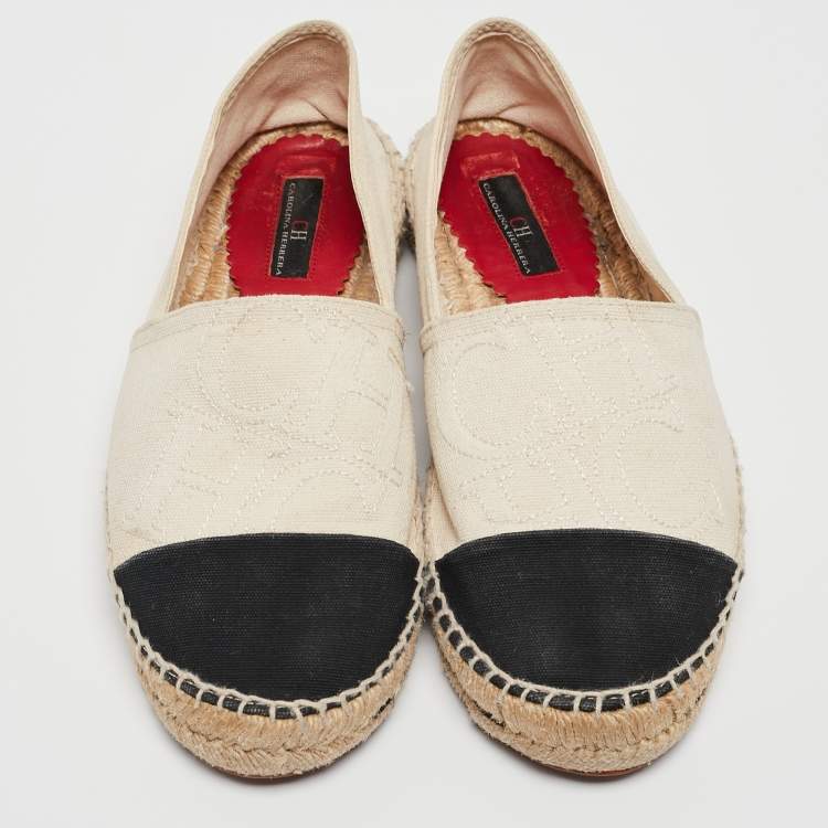 Pre Owned Carolina Herrera Off White/Black Canvas Cap Toe Flat Espadrilles Size 37