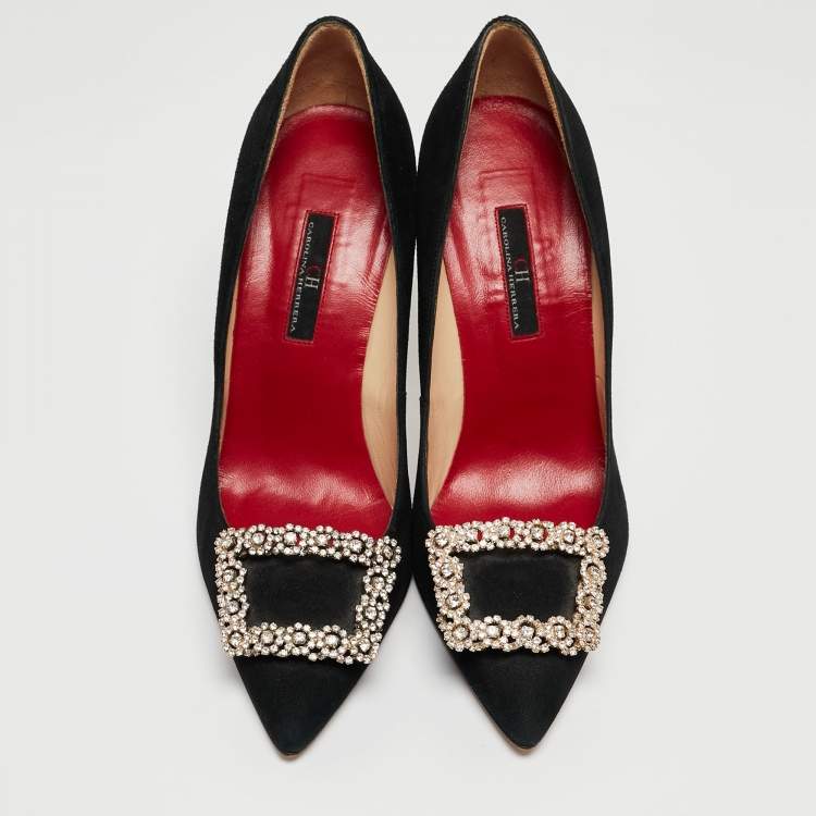 Pre Owned Carolina Herrera Black Suede Crystal Embellished Pointed Toe Pumps Size 38