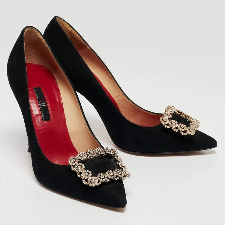 Pre Owned Carolina Herrera Black Suede Crystal Embellished Pointed Toe Pumps Size 38
