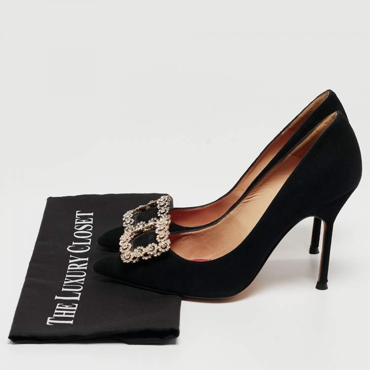 Pre Owned Carolina Herrera Black Suede Crystal Embellished Pointed Toe Pumps Size 38