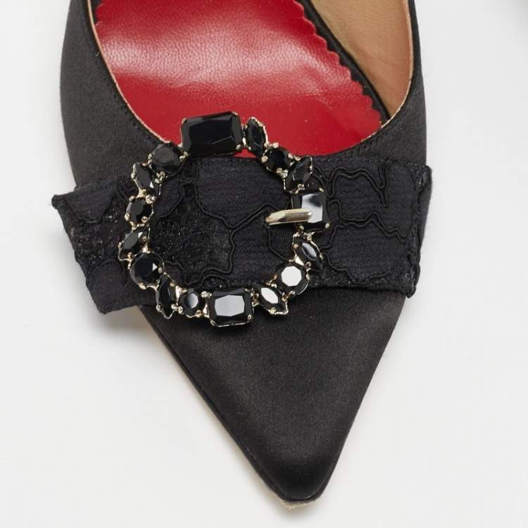 Pre Owned CH Carolina Herrera Black Satin Crystal Embellished Pointed Toe Pumps Size 39