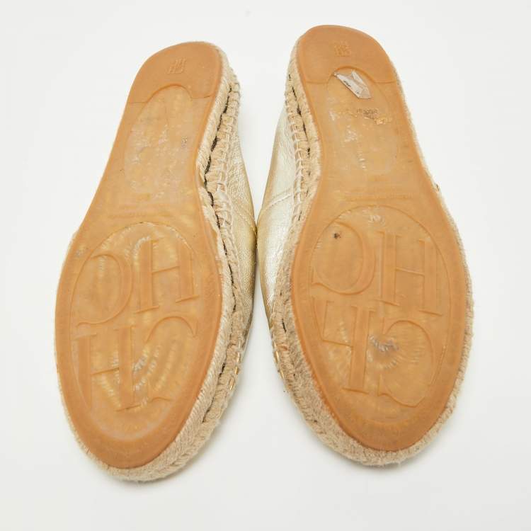 Pre Owned CH Carolina Herrera Gold Leather Espadrille Flats Size 39