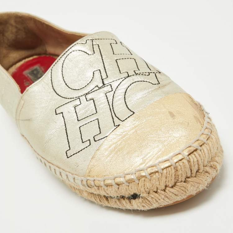 Pre Owned CH Carolina Herrera Gold Leather Espadrille Flats Size 39