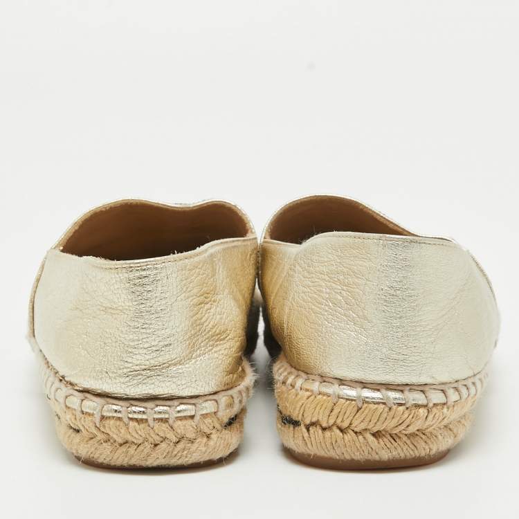 Pre Owned CH Carolina Herrera Gold Leather Espadrille Flats Size 39