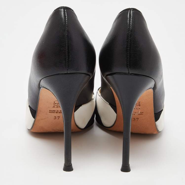 Pre Owned CH Carolina Herrera Black/White Leather Crystal Embellished Pointed Toe Pumps Size 37