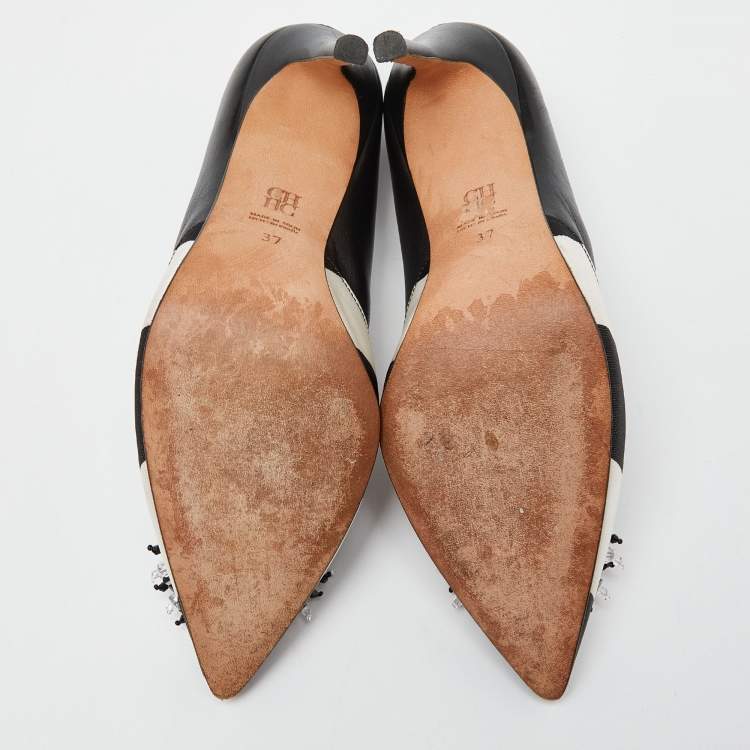 Pre Owned CH Carolina Herrera Black/White Leather Crystal Embellished Pointed Toe Pumps Size 37