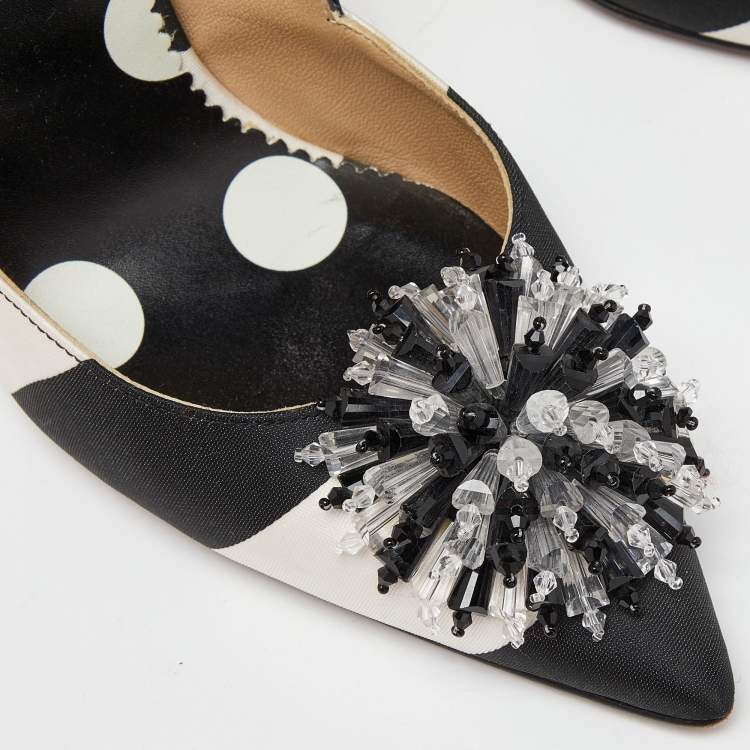 Pre Owned CH Carolina Herrera Black/White Leather Crystal Embellished Pointed Toe Pumps Size 37