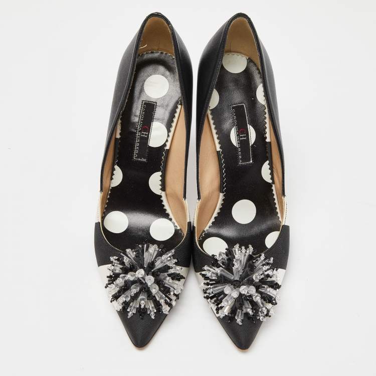 Pre Owned CH Carolina Herrera Black/White Leather Crystal Embellished Pointed Toe Pumps Size 37