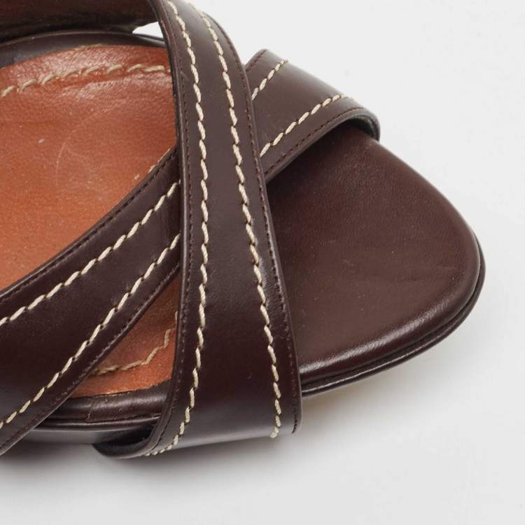 Pre Owned CH Carolina Herrera Brown Leather Strappy Sandals Size 37