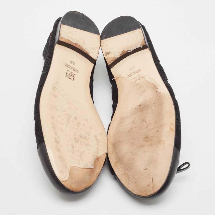 Pre Owned CH Carolina Herrera Black Lace and Leather Cap Toe Bow Ballet Flats Size 39