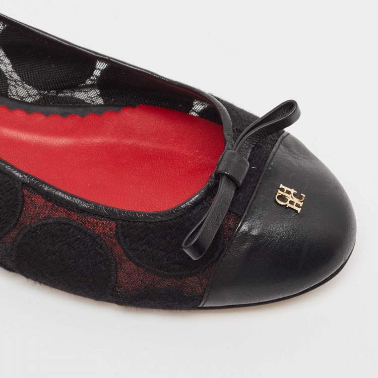 Pre Owned CH Carolina Herrera Black Lace and Leather Cap Toe Bow Ballet Flats Size 39