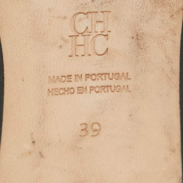 Pre Owned CH Carolina Herrera Black Monogram Leather Locked Slide Sandals Size 39