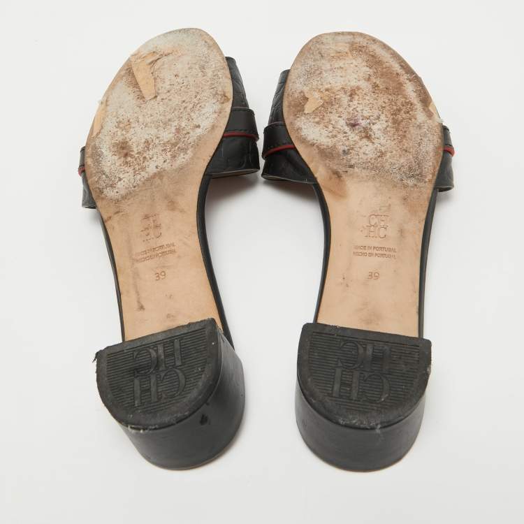 Pre Owned CH Carolina Herrera Black Monogram Leather Locked Slide Sandals Size 39
