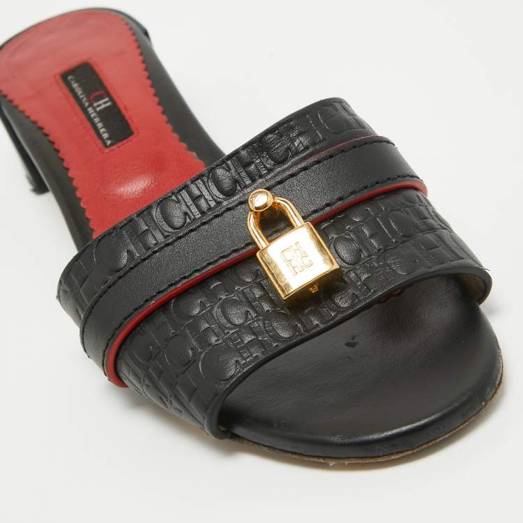 Pre Owned CH Carolina Herrera Black Monogram Leather Locked Slide Sandals Size 39