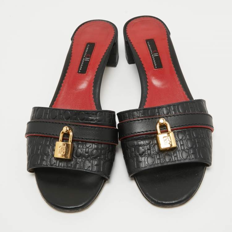 Pre Owned CH Carolina Herrera Black Monogram Leather Locked Slide Sandals Size 39