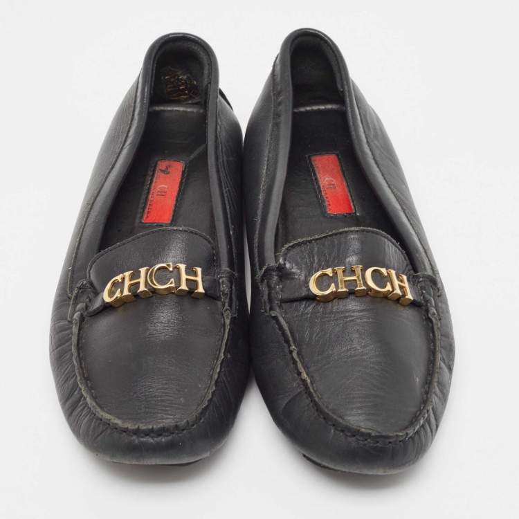 Pre Owned CH Carolina Herrera Black Leather CHCH Logo Loafers Size 40