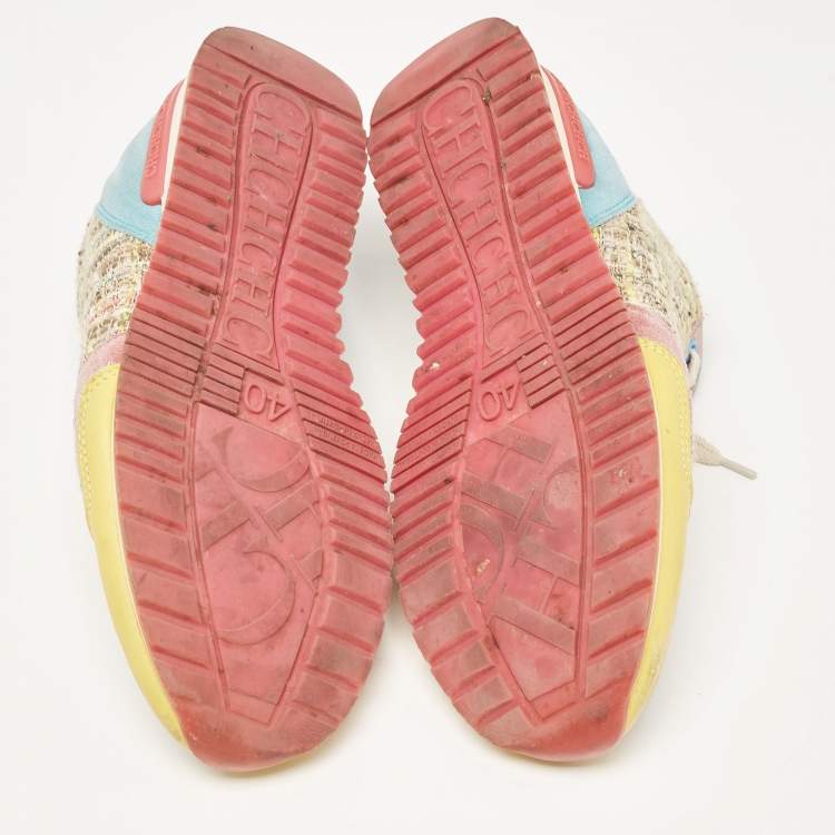Pre Owned CH Carolina Herrera Multicolor Tweed and Suede Low Top Sneakers Size 40