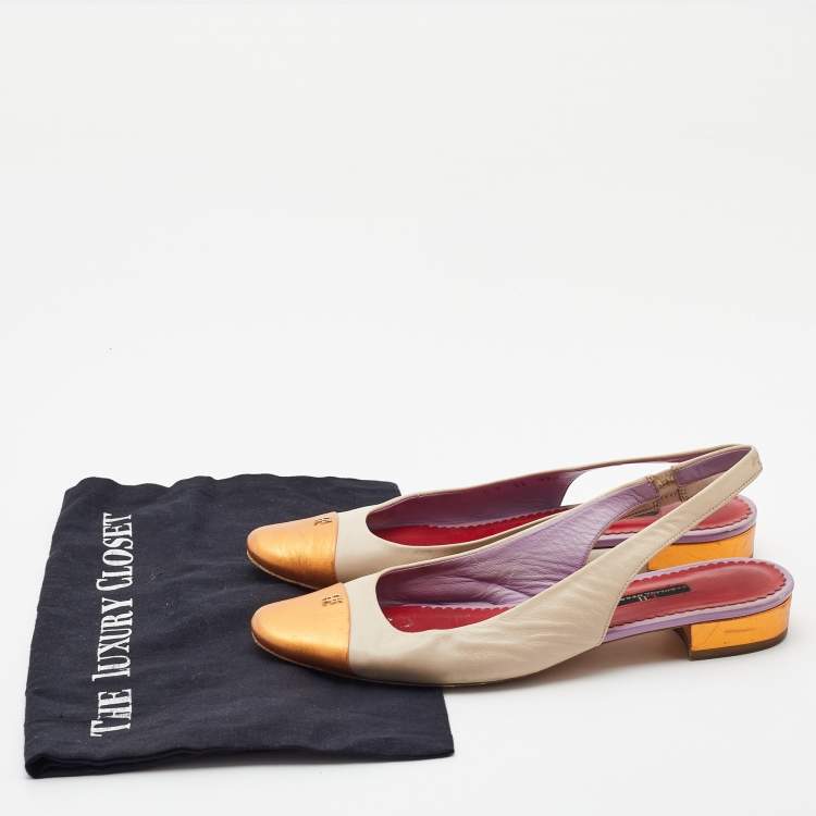 Pre Owned CH Carolina Herrera Cream/Orange Leather Round Toe Slingback Pumps Size 39
