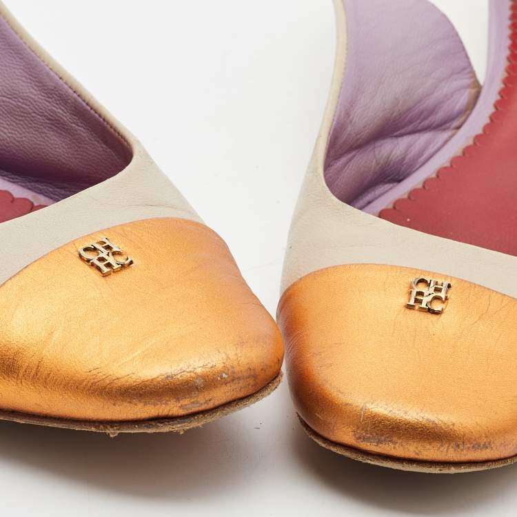 Pre Owned CH Carolina Herrera Cream/Orange Leather Round Toe Slingback Pumps Size 39