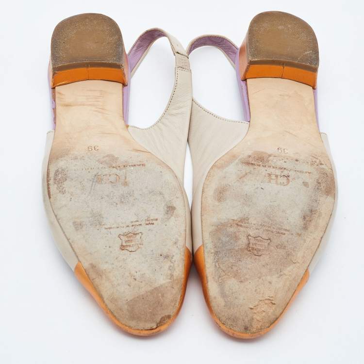 Pre Owned CH Carolina Herrera Cream/Orange Leather Round Toe Slingback Pumps Size 39