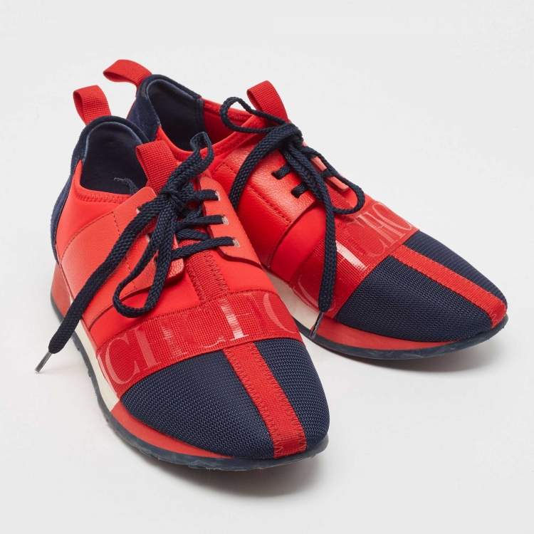 Pre Owned CH Carolina Herrera Red/Navy Blue Leather and Suede Low Top Sneakers Size 36