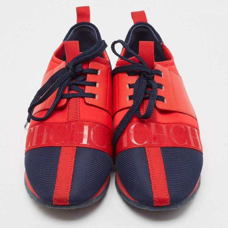 Pre Owned CH Carolina Herrera Red/Navy Blue Leather and Suede Low Top Sneakers Size 36