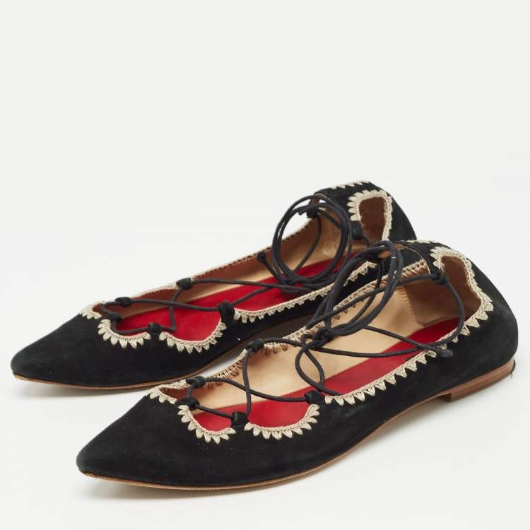 Pre Owned Carolina Herrera Black Suede Pointed Tie Up Ballet Flats Size 37