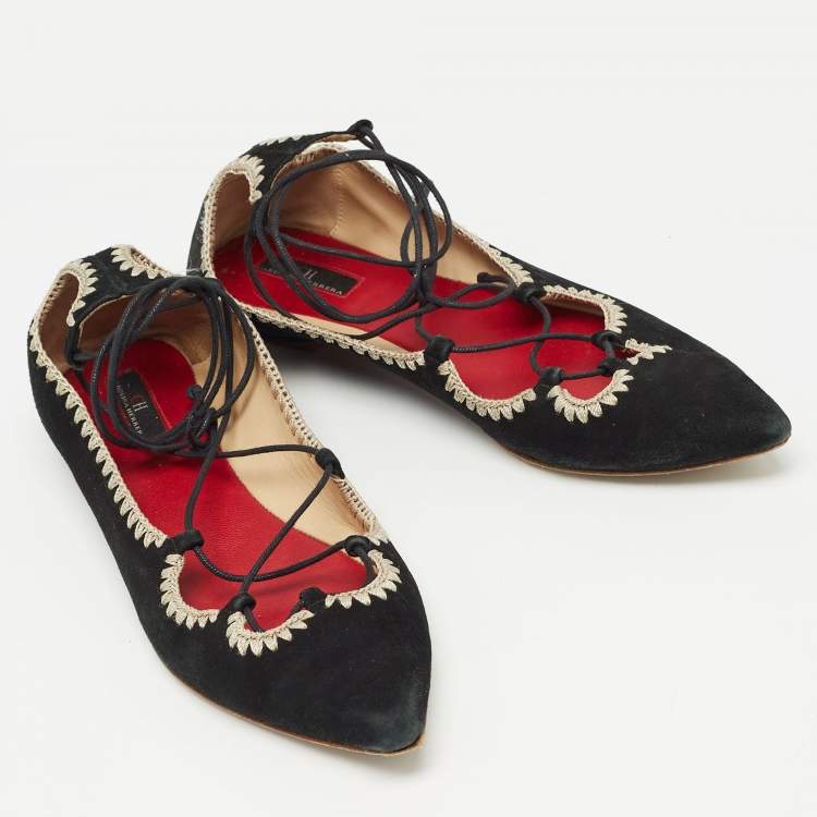 Pre Owned Carolina Herrera Black Suede Pointed Tie Up Ballet Flats Size 37