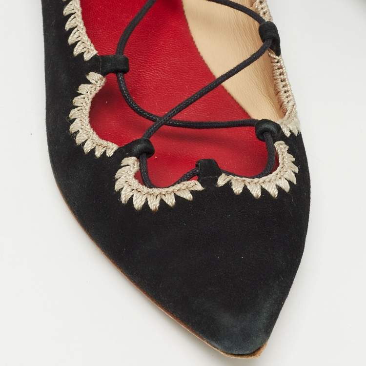 Pre Owned Carolina Herrera Black Suede Pointed Tie Up Ballet Flats Size 37