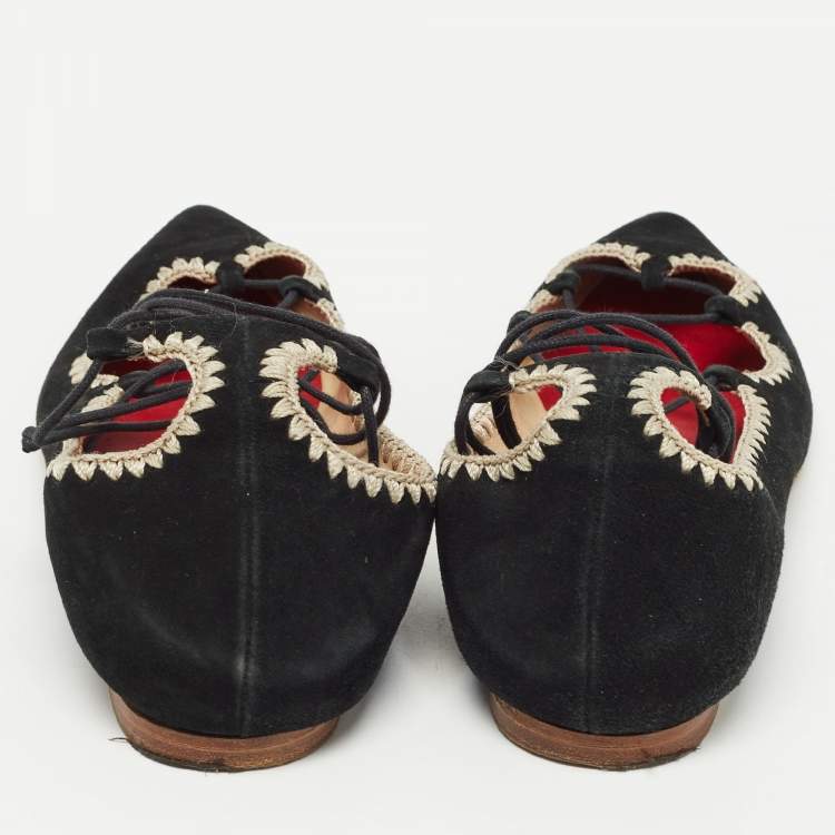 Pre Owned Carolina Herrera Black Suede Pointed Tie Up Ballet Flats Size 37