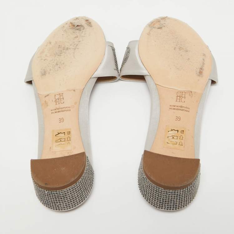 Pre Owned CH Carolina Herrera Grey Satin Slide Sandals Size 39