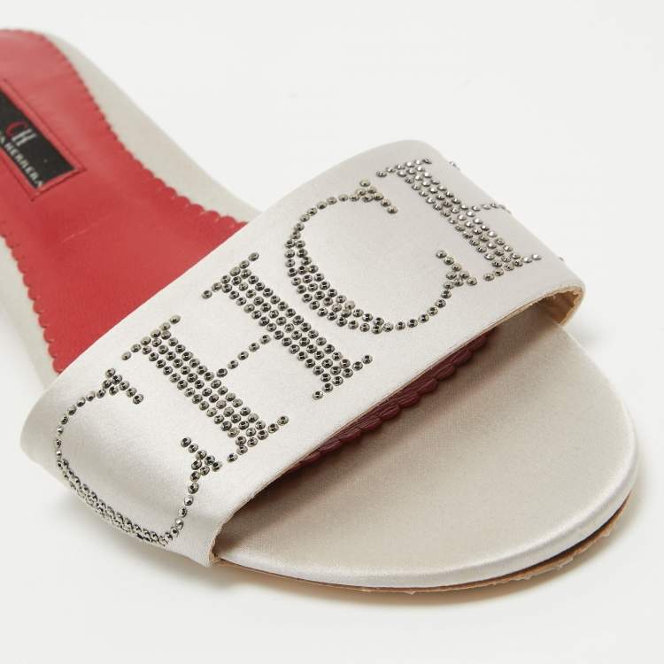 Pre Owned CH Carolina Herrera Grey Satin Slide Sandals Size 39