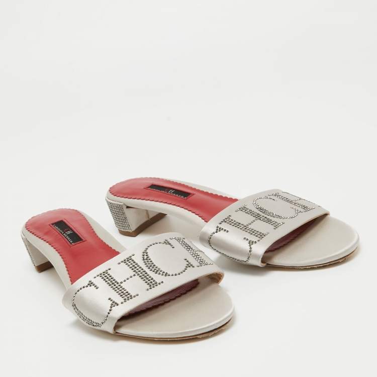Pre Owned CH Carolina Herrera Grey Satin Slide Sandals Size 39