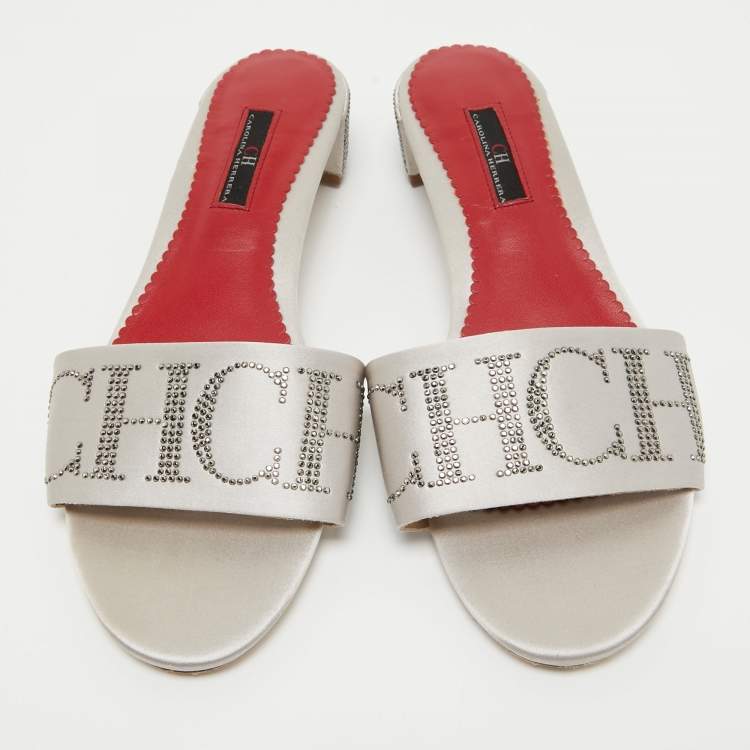 Pre Owned CH Carolina Herrera Grey Satin Slide Sandals Size 39