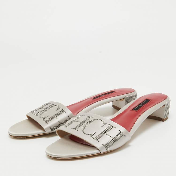 Pre Owned CH Carolina Herrera Grey Satin Slide Sandals Size 39