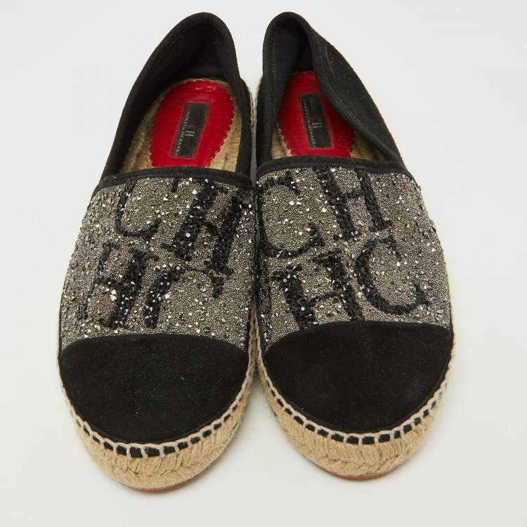 Pre Owned CH Carolina Herrera Black/Silver Crystal Embellished Suede Espadrille Flats Size 40