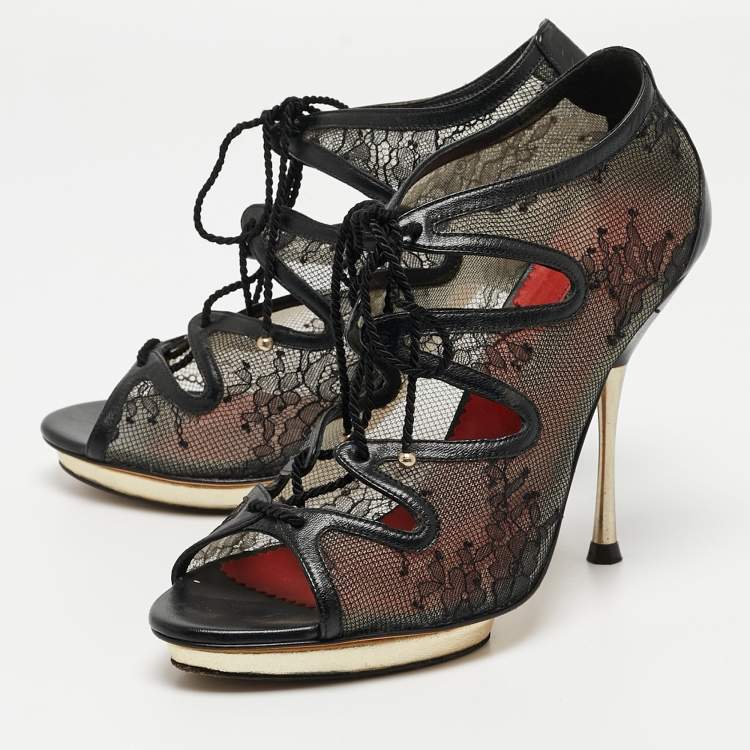 Pre Owned CH Carolina Herrera Black Mesh and Leather Lace Up  Ankle Boots Size 37