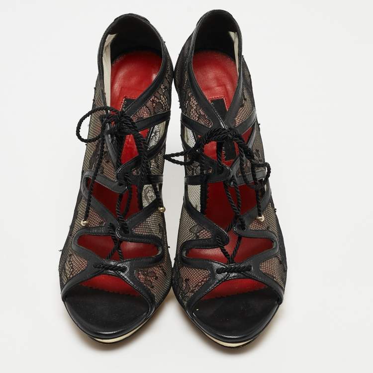 Pre Owned CH Carolina Herrera Black Mesh and Leather Lace Up  Ankle Boots Size 37