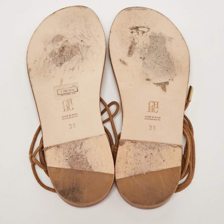 Pre Owned CH Carolina Herrera Brown Suede Lace Up Thong Flat Sandals Size 38