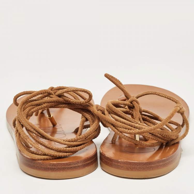 Pre Owned CH Carolina Herrera Brown Suede Lace Up Thong Flat Sandals Size 38