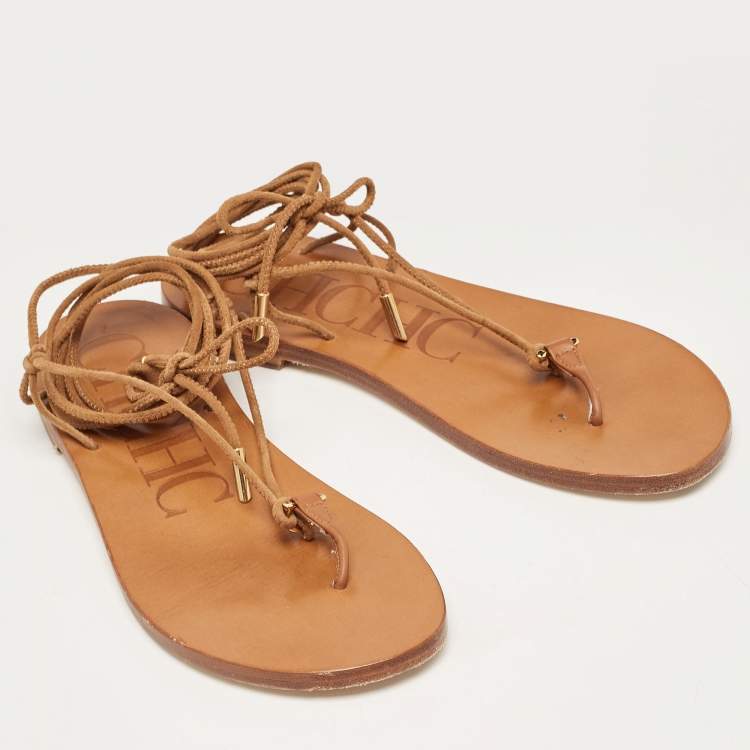 Pre Owned CH Carolina Herrera Brown Suede Lace Up Thong Flat Sandals Size 38