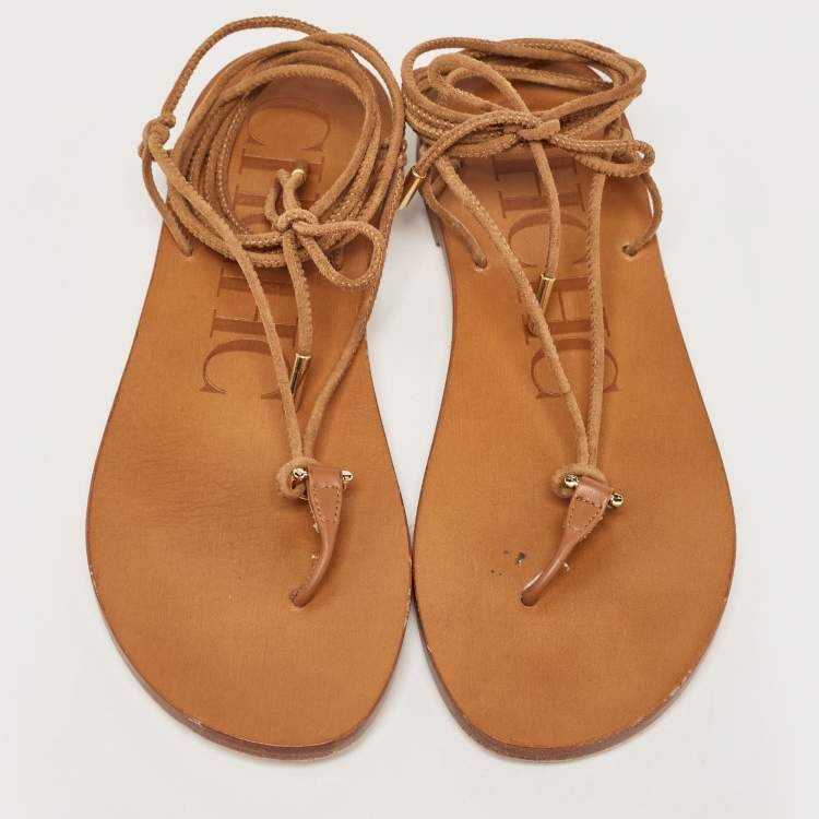 Pre Owned CH Carolina Herrera Brown Suede Lace Up Thong Flat Sandals Size 38